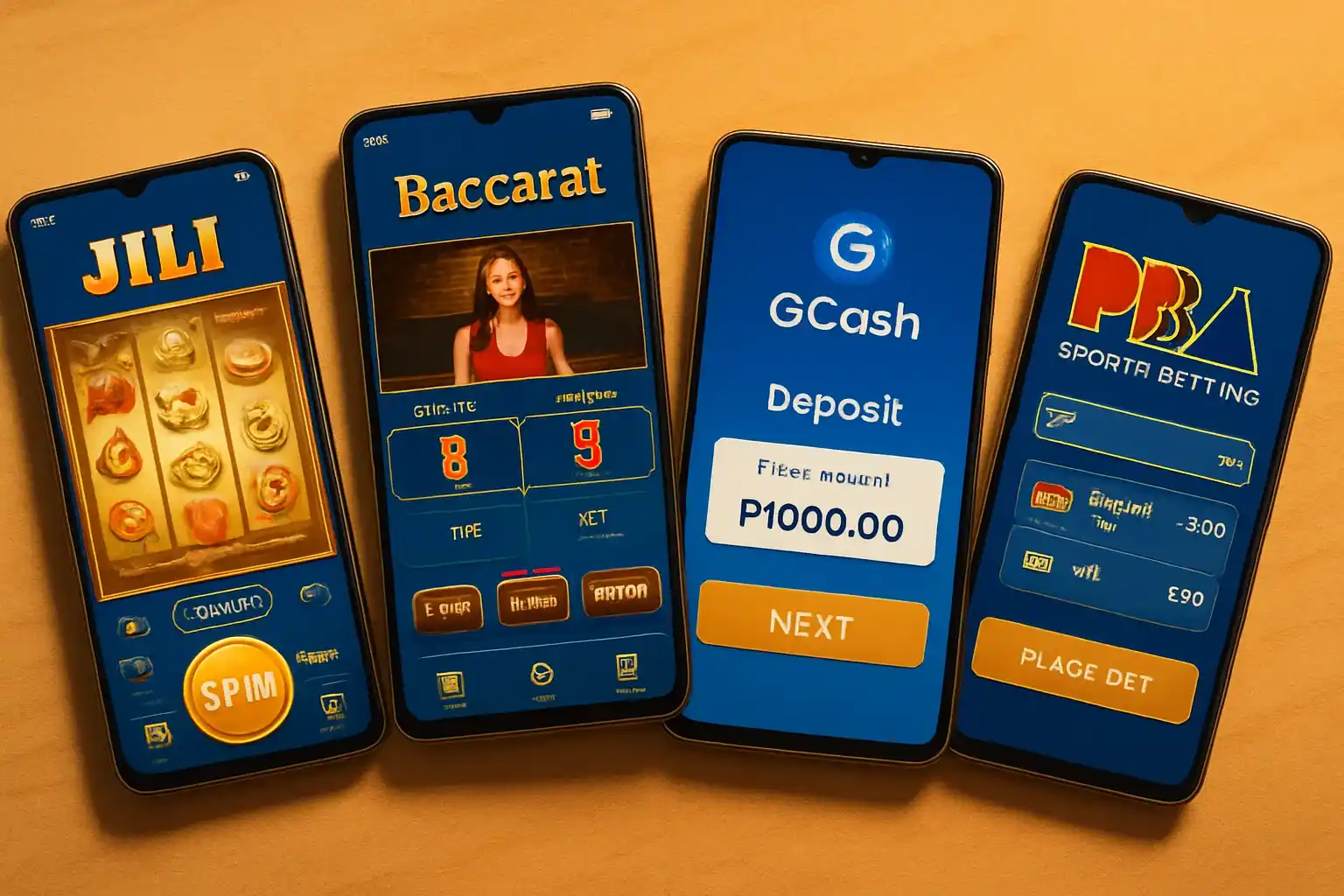 Android screens showing JILI slots, live baccarat, GCash deposit, and PBA betting