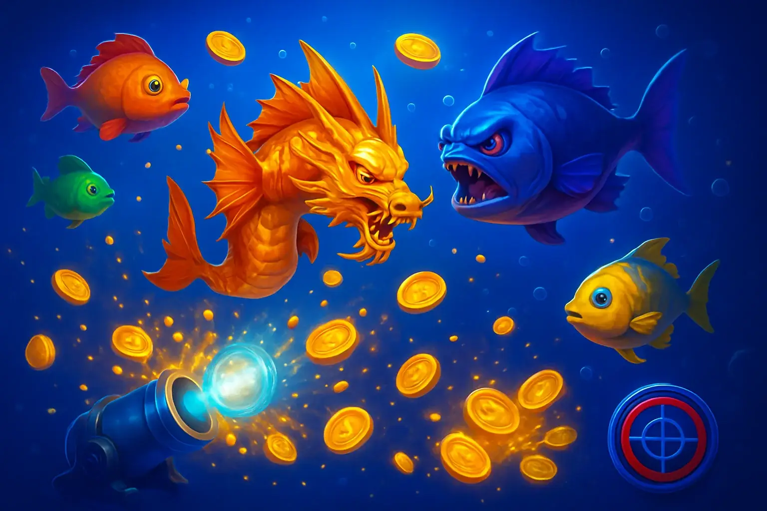 Vibrant Philippine casino fishing game with colorful fish and cannon UI