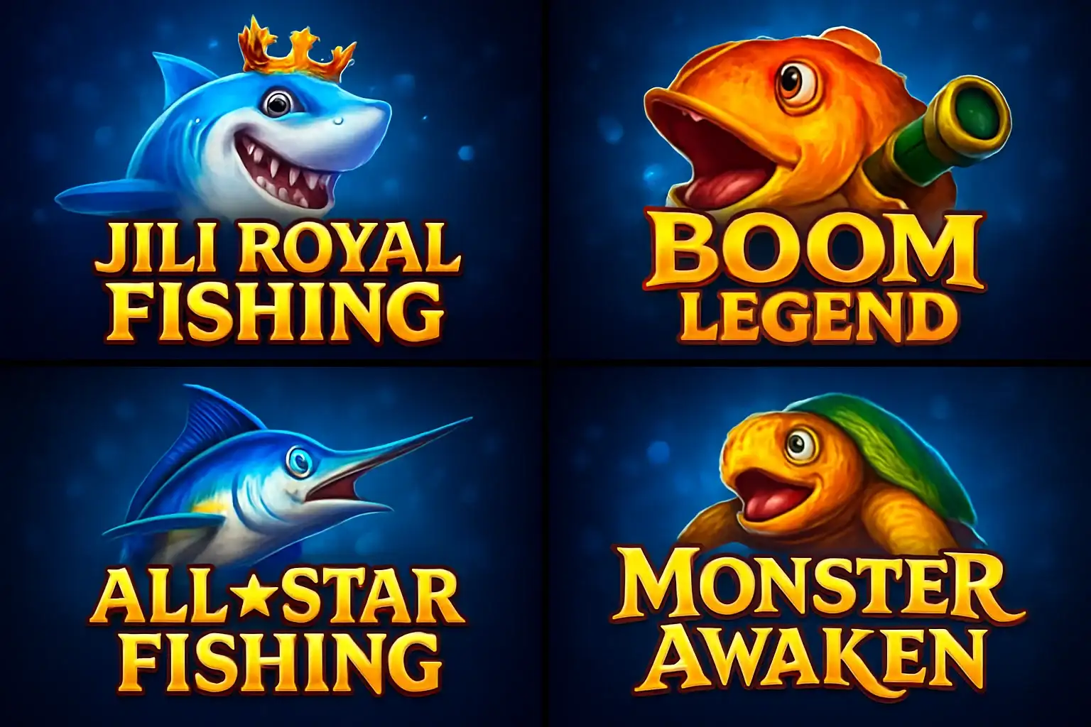 Grid of popular Philippine fishing game thumbnails in vibrant blue and gold