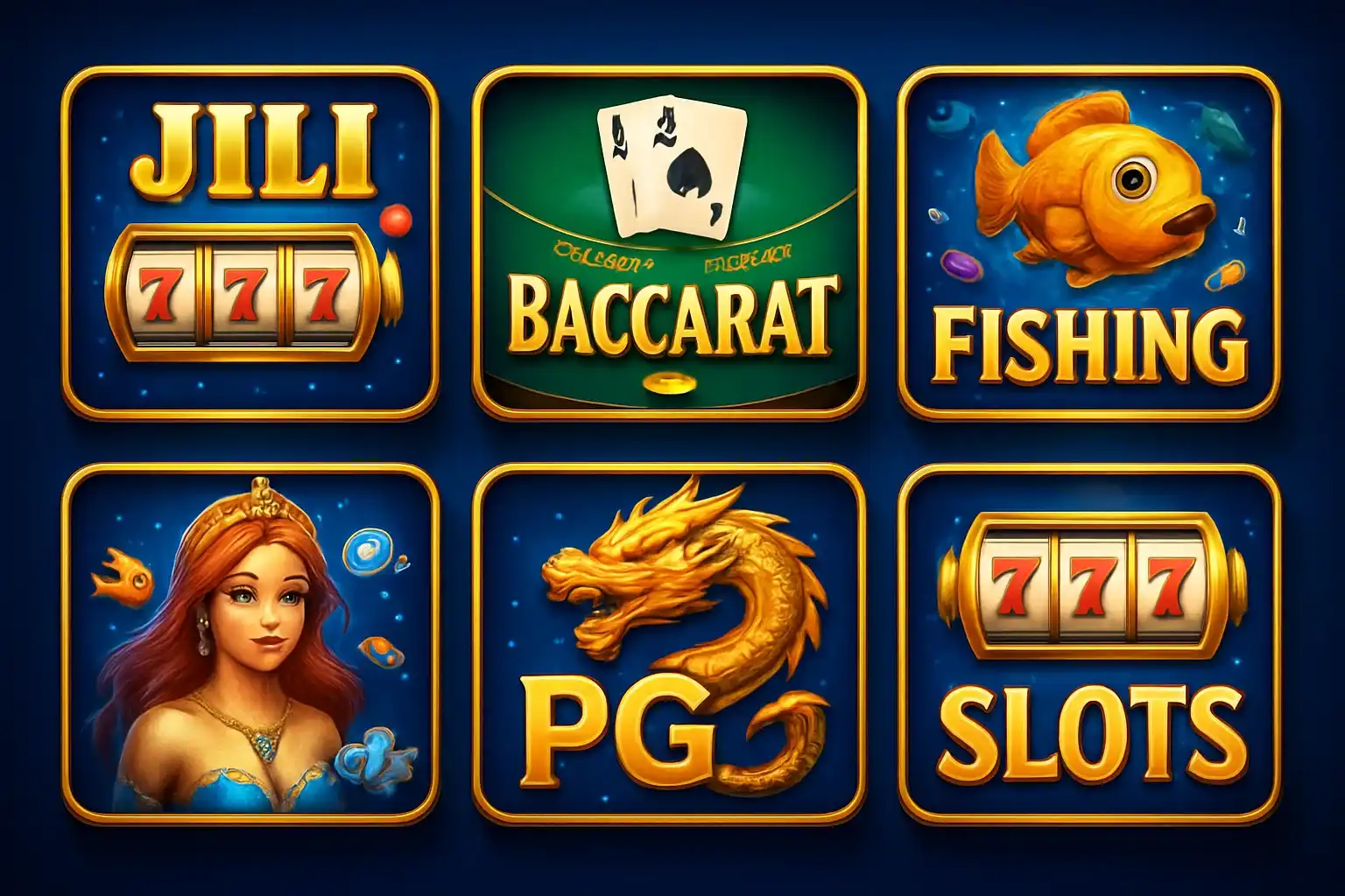 Colorful grid of Philippine casino game thumbnails with blue and gold UI