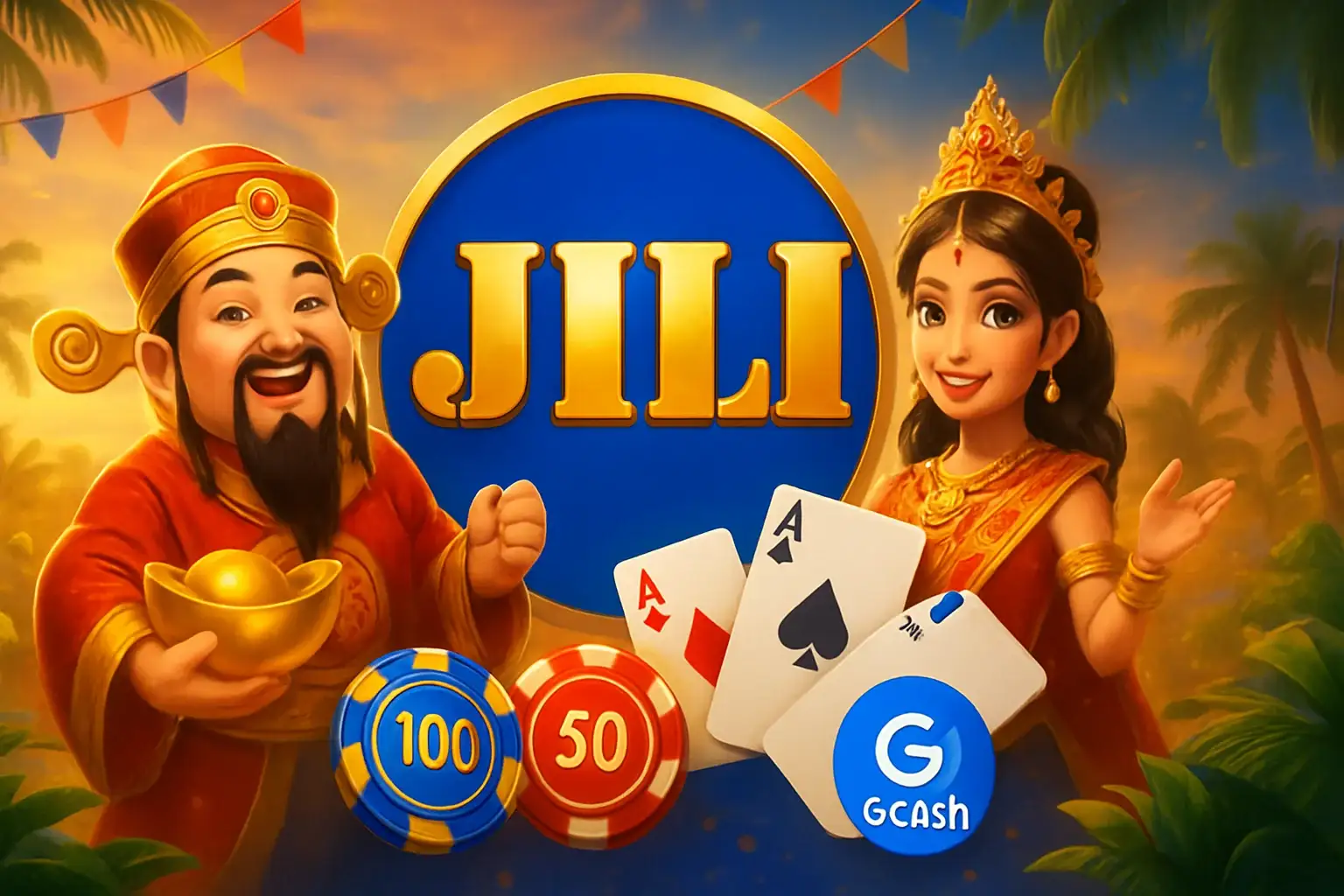 Vibrant Philippine online casino hero banner with JILI characters and GCash badge