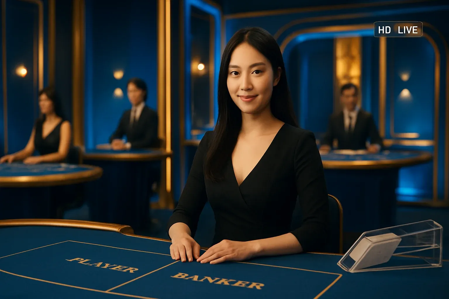 Elegant live casino studio with Asian dealers, baccarat and blackjack tables