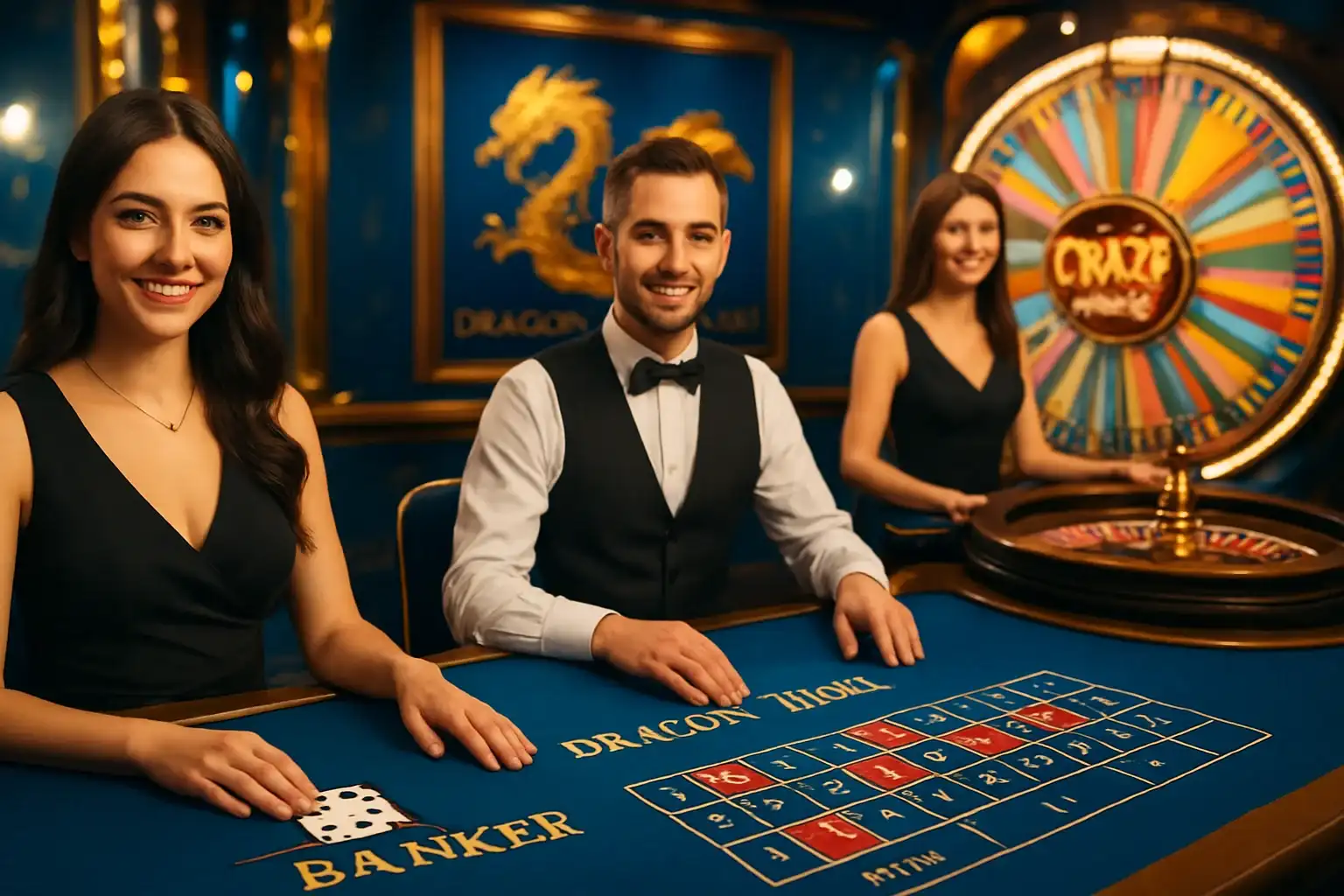 Live casino game cards with dealers, baccarat, roulette, and Crazy Time wheel