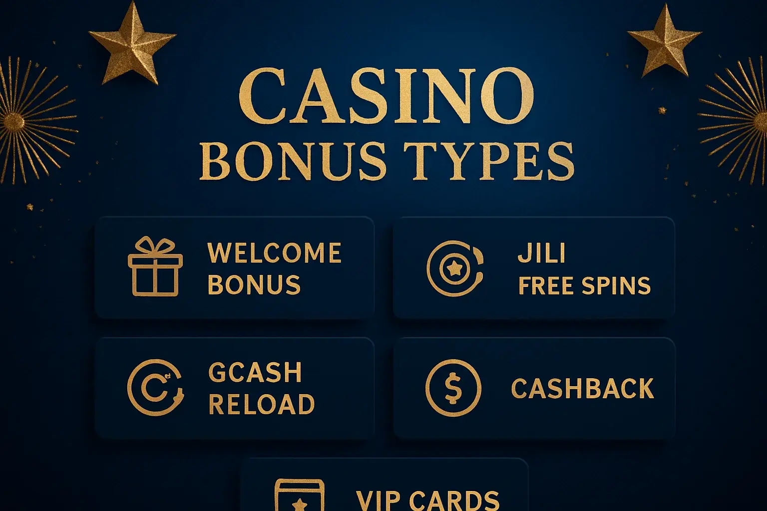 Welcome bonus, JILI free spins, GCash reload, cashback, VIP cards on royal blue