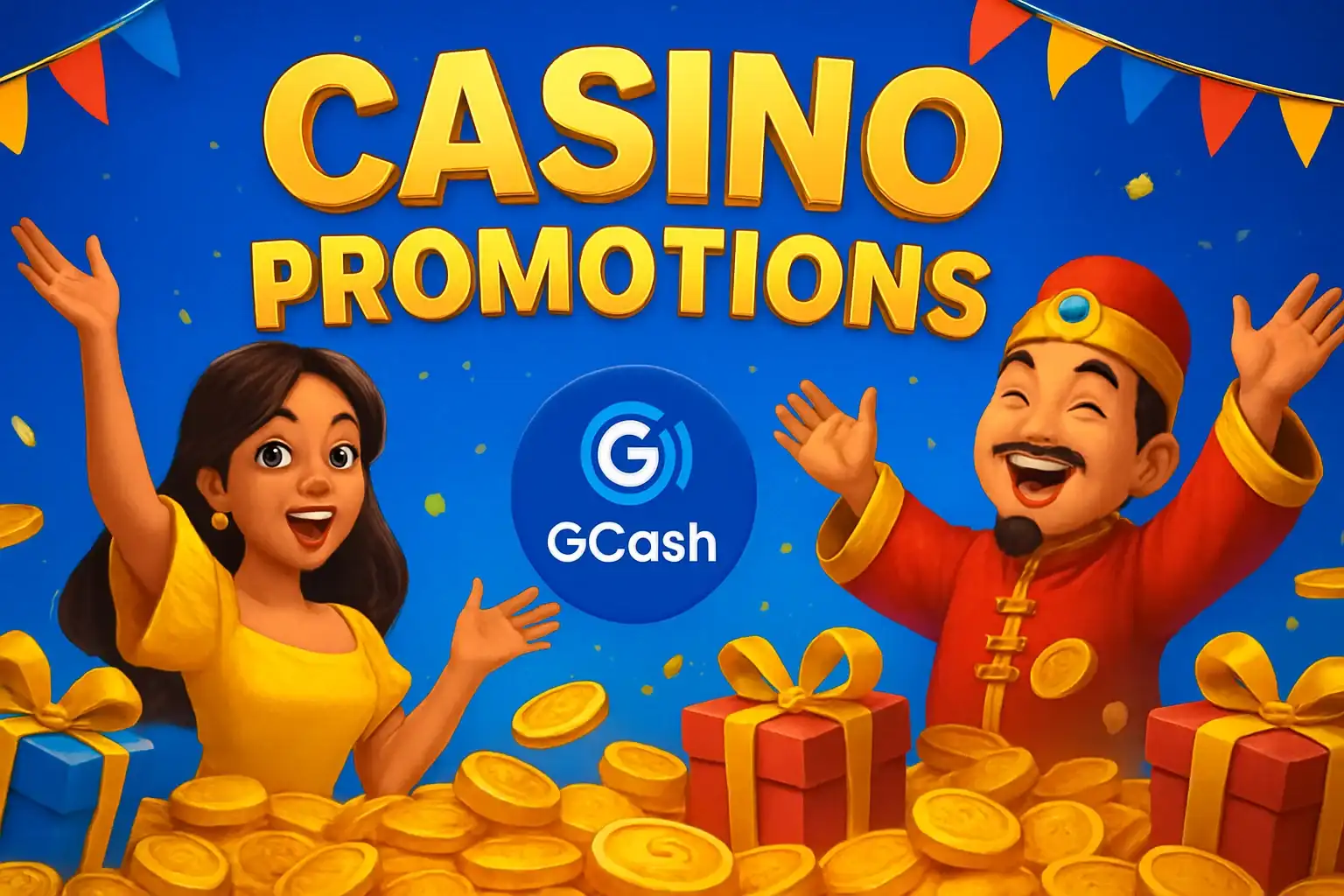 Philippine casino promotions banner with gold coins, gift boxes, GCash badge, JILI characters