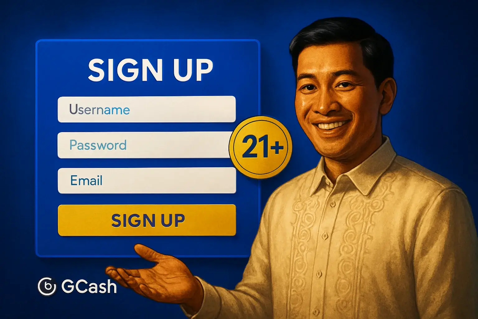 Philippine casino registration page with GCash logo and gold 21+ badge