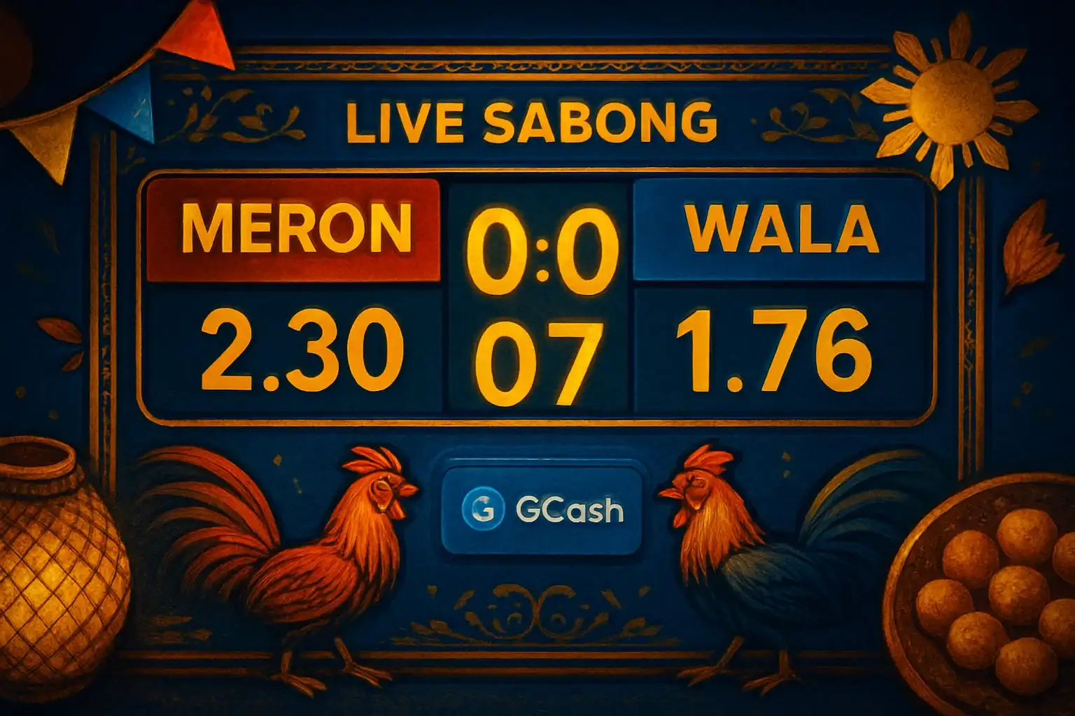 Live sabong countdown timer with Meron vs Wala betting panel and GCash badge
