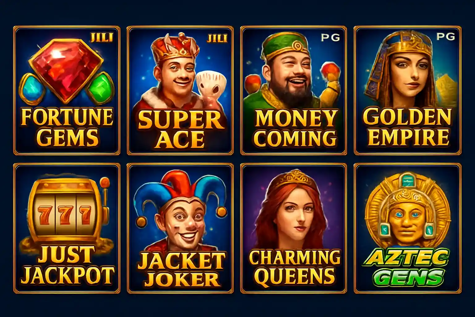 Grid of JILI and PG Soft slot game thumbnails on blue background