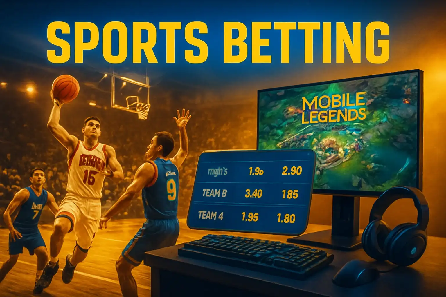 Philippine sports betting banner with PBA action and Mobile Legends overlay
