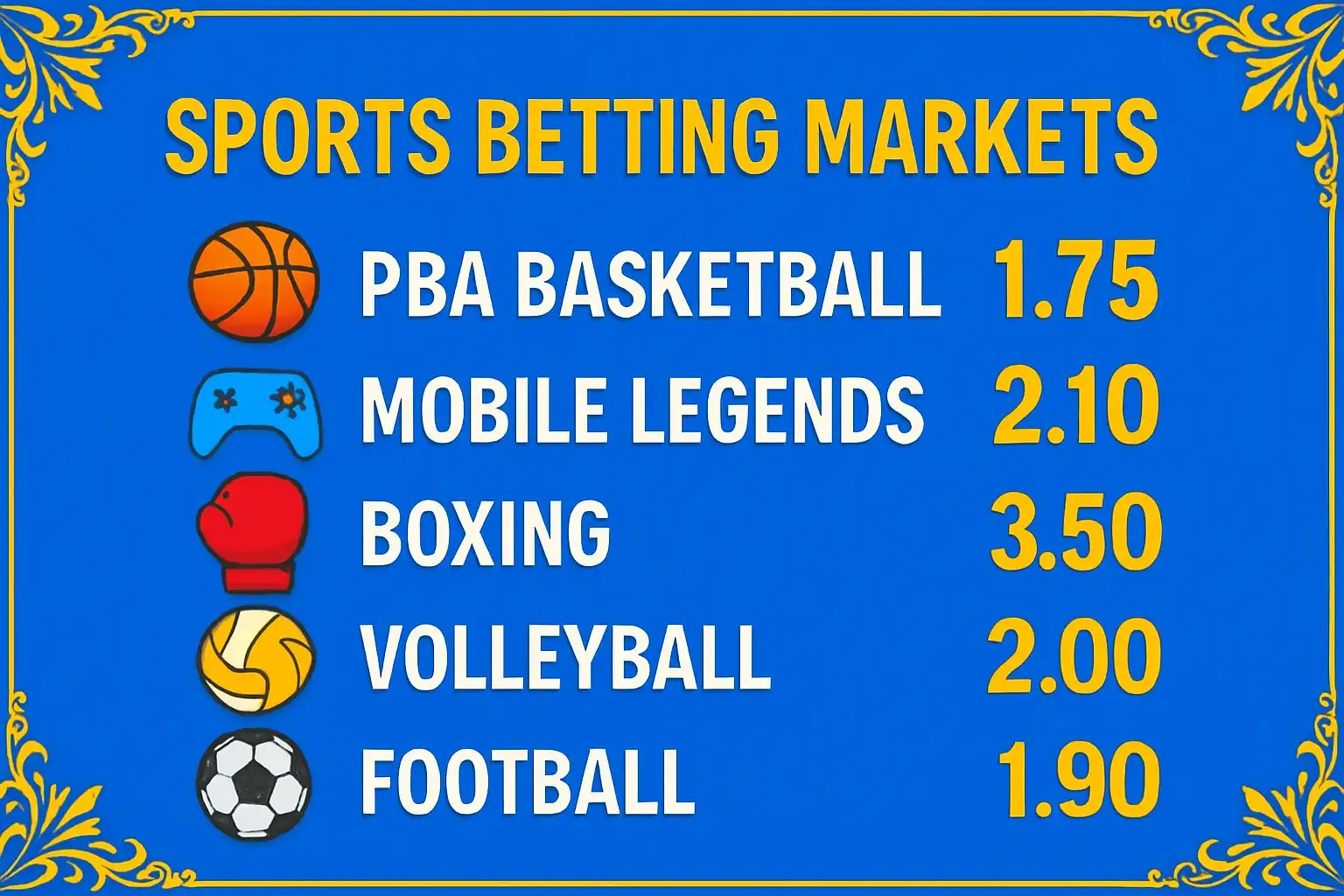 Sports betting markets with PBA, Mobile Legends, boxing, volleyball, football odds icons